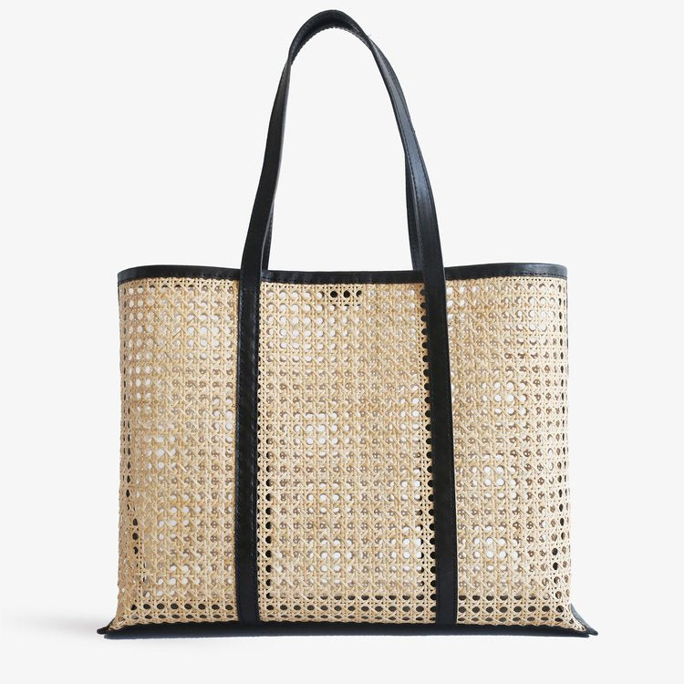 Bembien Medium Margot Rattan Beach Tote Bag in Black with Solid and Sturdy Base