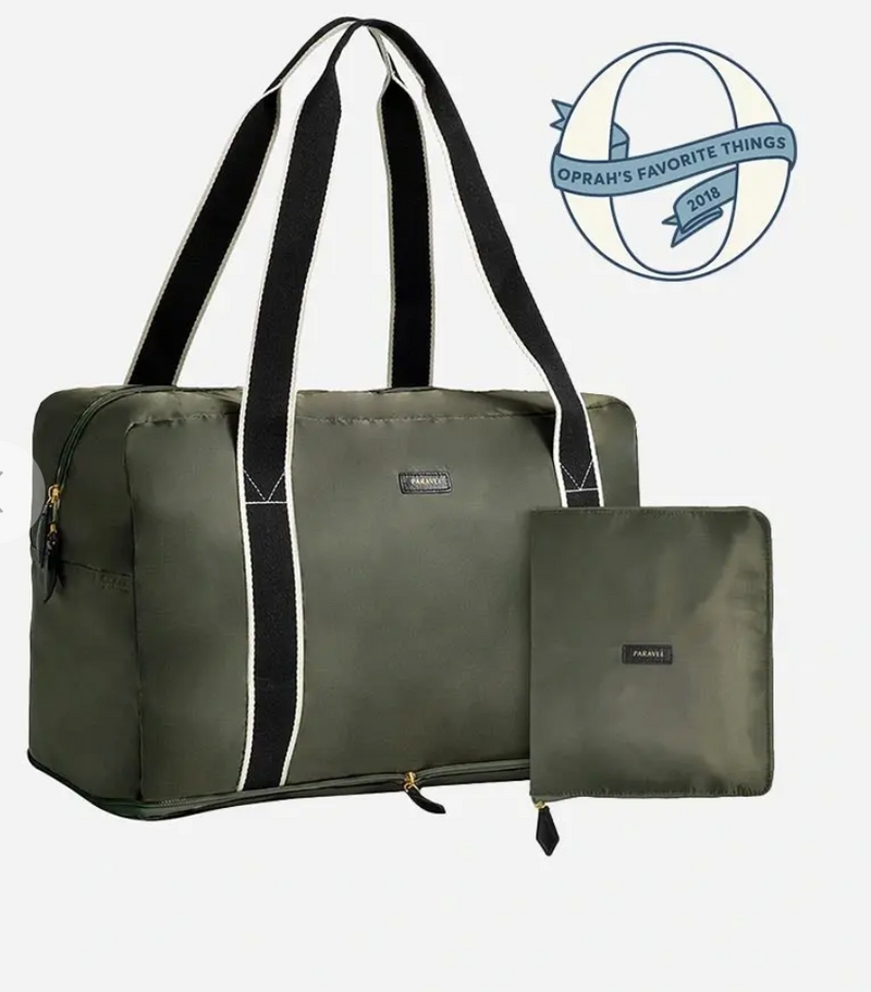 Paravel Fold-Up Bag in Safari Green Folded and Unfolded, Oprah's Favorite Things 2018